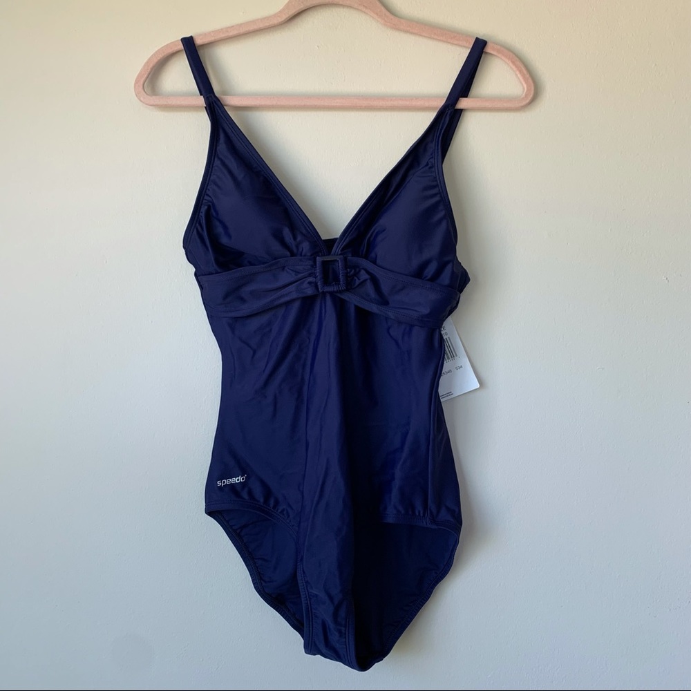 Speedo NWT One Piece Swimming Suit Navy Blue Moderate Fit Size 10 Soft Cup Bra